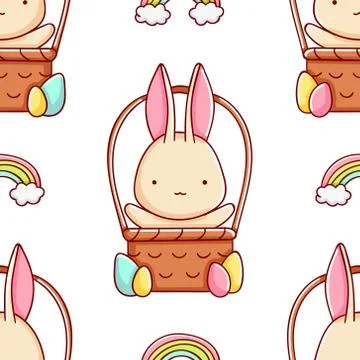 Simple seamless pattern, cute kawaii hand drawn bunny doodles Stock Illustration