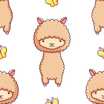 Simple seamless pattern, cute kawaii hand drawn llama doodles Stock Illustration