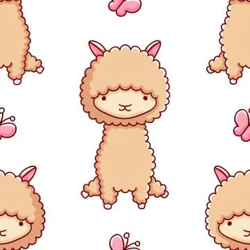 Simple seamless pattern, cute kawaii hand drawn llama doodles Stock Illustration