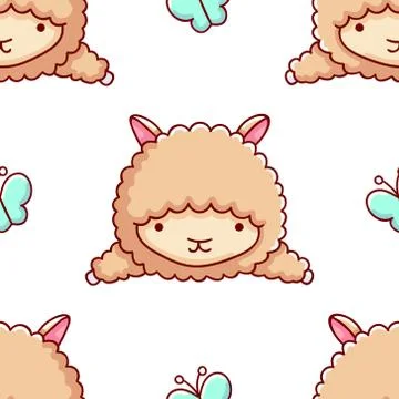 Simple seamless pattern, cute kawaii hand drawn llama doodles Stock Illustration