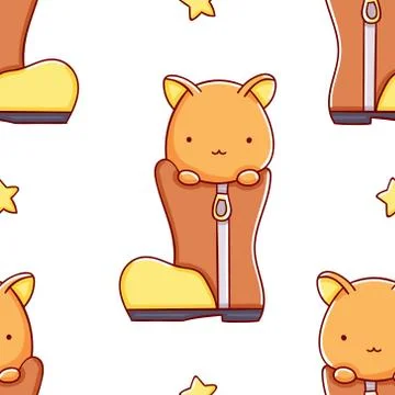 Simple seamless pattern, cute kawaii hand drawn cat doodles Stock Illustration