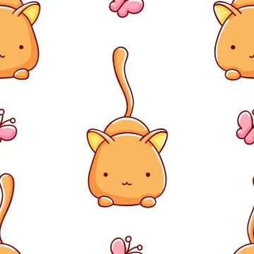Simple seamless pattern, cute kawaii hand drawn cat doodles Stock Illustration