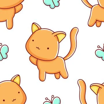 Simple seamless pattern, cute kawaii hand drawn cat doodles Stock Illustration