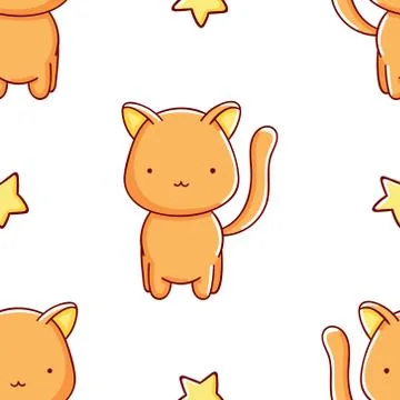 Simple seamless pattern, cute kawaii hand drawn cat doodles Illustrazione stock