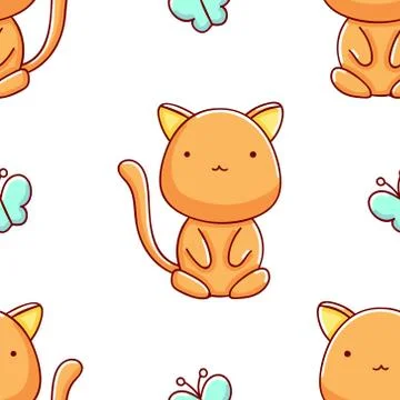 Simple seamless pattern, cute kawaii hand drawn cat doodles Illustrazione stock