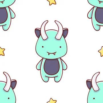 Simple seamless pattern, cute kawaii hand drawn monster doodles Stock Illustration