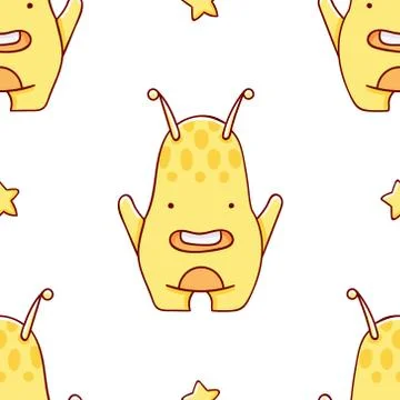 Simple seamless pattern, cute kawaii hand drawn monster doodles Stock Illustration