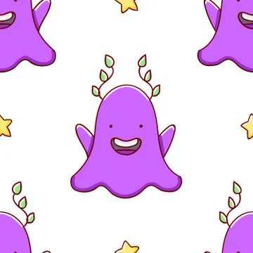 Simple seamless pattern, cute kawaii hand drawn monster doodles Stock Illustration