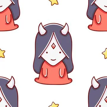 Simple seamless pattern, cute kawaii hand drawn monster doodles Stock Illustration