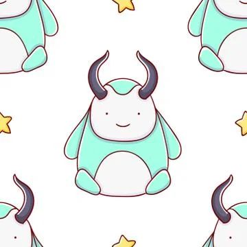 Simple seamless pattern, cute kawaii hand drawn monster doodles Stock Illustration