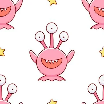 Simple seamless pattern, cute kawaii hand drawn monster doodles Illustrazione stock