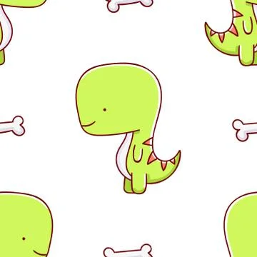 Simple seamless pattern, cute kawaii hand drawn dinosaur doodles Stock Illustration