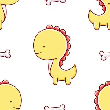 Simple seamless pattern, cute kawaii hand drawn dinosaur doodles Stock Illustration