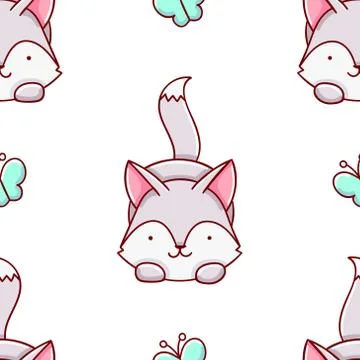 Simple seamless pattern, cute kawaii hand drawn wolf doodles Stock Illustration