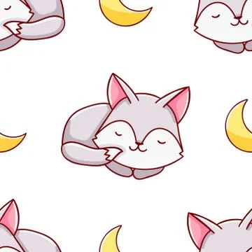 Simple seamless pattern, cute kawaii hand drawn wolf doodles Stock Illustration