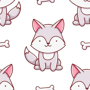 Simple seamless pattern, cute kawaii hand drawn wolf doodles Stock Illustration
