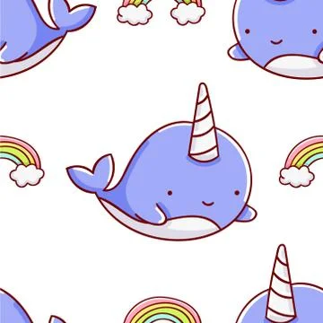 Simple seamless pattern, cute kawaii hand drawn narwhal doodles Stock Illustration