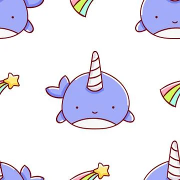 Simple seamless pattern, cute kawaii hand drawn narwhal doodles Stock Illustration