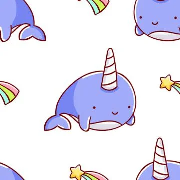 Simple seamless pattern, cute kawaii hand drawn narwhal doodles Stock Illustration