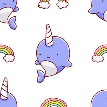 Simple seamless pattern, cute kawaii hand drawn narwhal doodles Stock Illustration