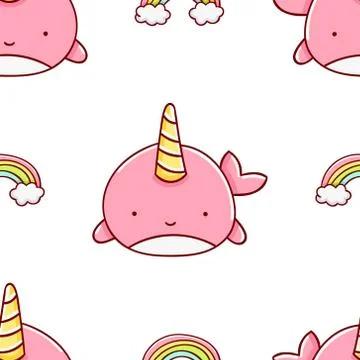 Simple seamless pattern, cute kawaii hand drawn narwhal doodles Stock Illustration