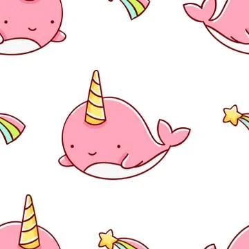 Simple seamless pattern, cute kawaii hand drawn narwhal doodles Stock Illustration