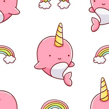 Simple seamless pattern, cute kawaii hand drawn narwhal doodles Stock Illustration