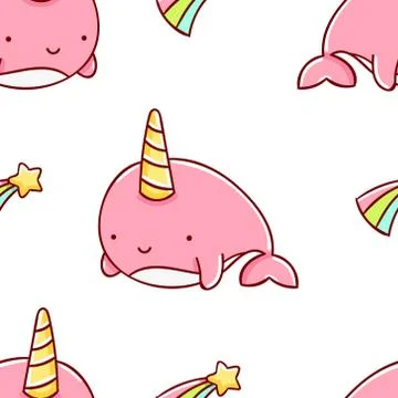 Simple seamless pattern, cute kawaii hand drawn narwhal doodles Stock Illustration