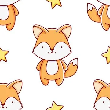 Simple seamless pattern, cute kawaii hand drawn fox doodles Stock Illustration