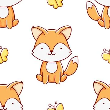 Simple seamless pattern, cute kawaii hand drawn fox doodles Stock Illustration