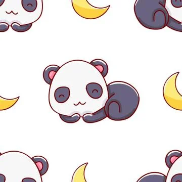 Simple seamless pattern, cute kawaii hand drawn panda doodles Stock Illustration