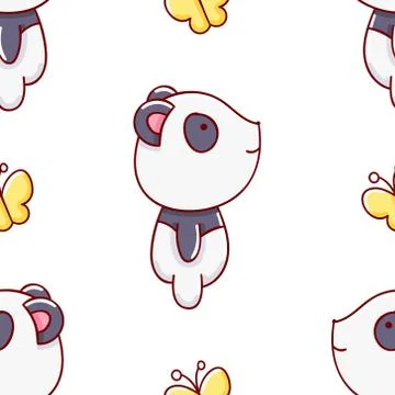 Simple seamless pattern, cute kawaii hand drawn panda doodles Stock Illustration
