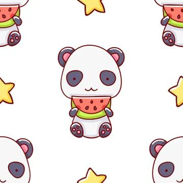 Simple seamless pattern, cute kawaii hand drawn panda doodles Stock Illustration