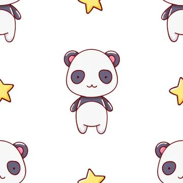 Simple seamless pattern, cute kawaii hand drawn panda doodles Stock Illustration