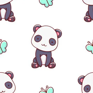 Simple seamless pattern, cute kawaii hand drawn panda doodles Stock Illustration