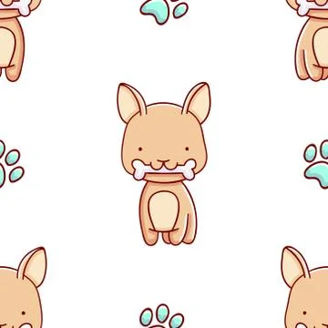 Simple seamless pattern, cute kawaii hand drawn dog doodles Stock Illustration