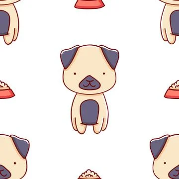 Simple seamless pattern, cute kawaii hand drawn dog doodles Illustrazione stock