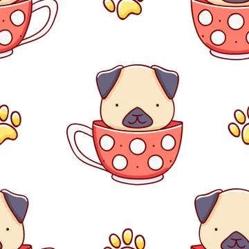 Simple seamless pattern, cute kawaii hand drawn dog doodles Stock Illustration