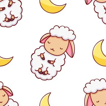 Simple seamless pattern, cute kawaii hand drawn sheep doodles Stock Illustration