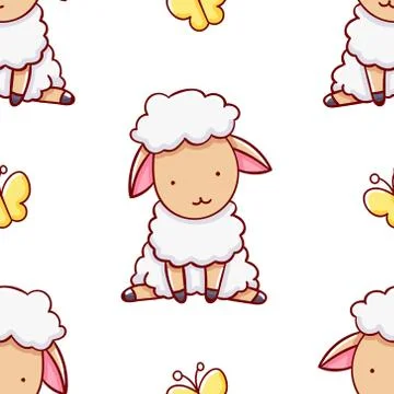 Simple seamless pattern, cute kawaii hand drawn sheep doodles Stock Illustration