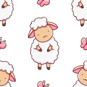 Simple seamless pattern, cute kawaii hand drawn sheep doodles Stock Illustration