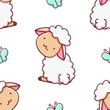 Simple seamless pattern, cute kawaii hand drawn sheep doodles Stock Illustration