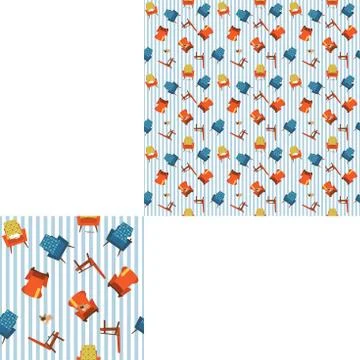 Simple seamless pattern of different chairs and animals with pattern unit. Stock Illustration