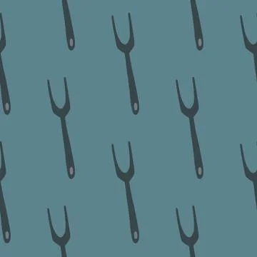 Simple seamless pattern with doodle grill fork ornament. Dark turquoise backg Stock Illustration