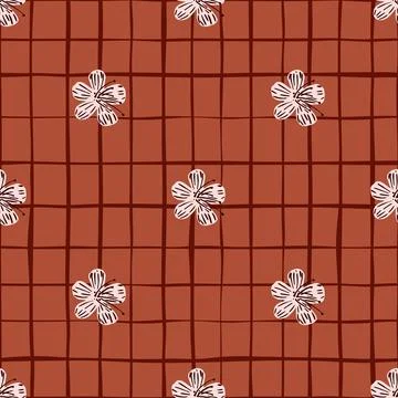 Simple seamless pattern with doodle hand drawn white flowers on orange cheque Stock Illustration