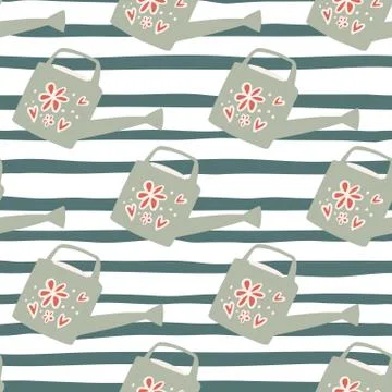 Simple seamless pattern with doodle watering cans silhouettes. Grey ornament  Stock Illustration