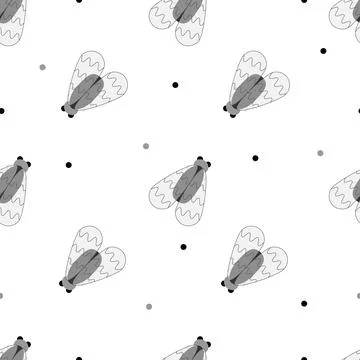 Simple seamless pattern with Flies bugs and black and grey dots. Wrapping, te 스톡 일러스트