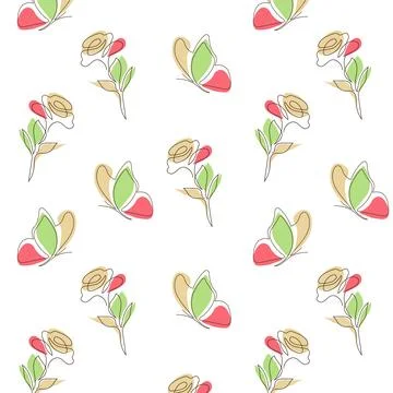 Simple seamless pattern, flower and butterfly pattern on white background Stock Illustration