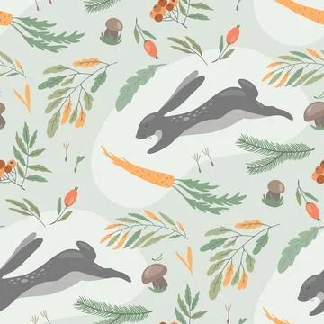 Simple seamless pattern with forest animal, leaves Illustrazione stock