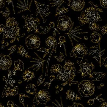 Simple seamless pattern with golden flowers and leaves on black background. T Stock Illustration